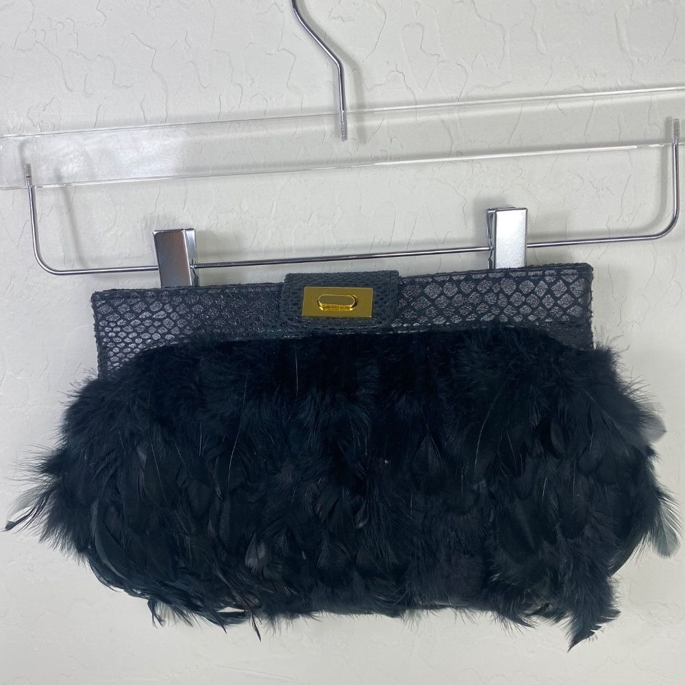 ASOS Clutch with Black Feathers Gold hardwear Faux snake skin